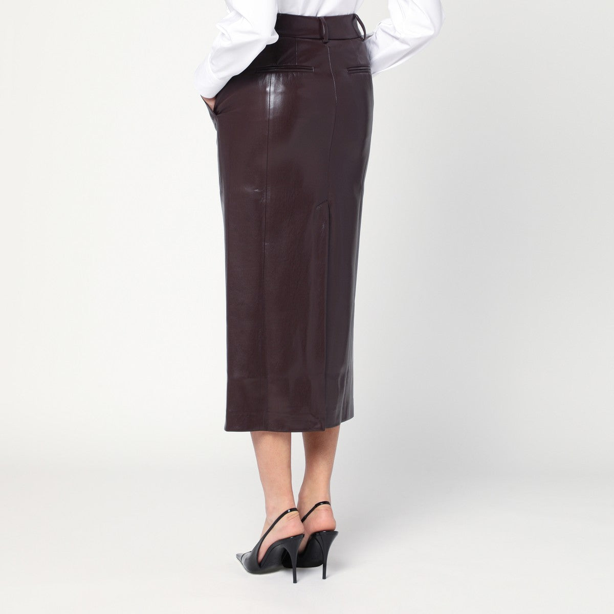 THE ANDAMANE Bordeaux faux leather midi skirt The Andamane