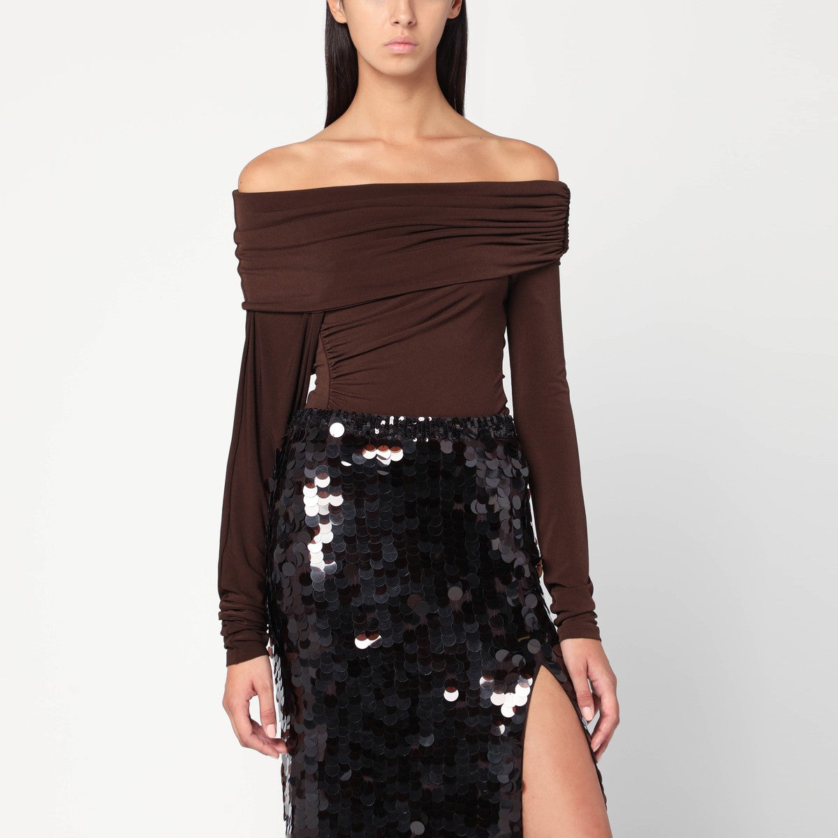 THE ANDAMANE Top with bare shoulders in brown jersey The Andamane