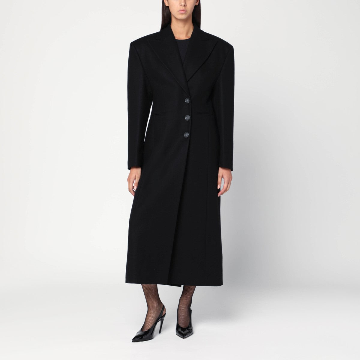 THE ANDAMANE Black long single-breasted coat in wool The Andamane