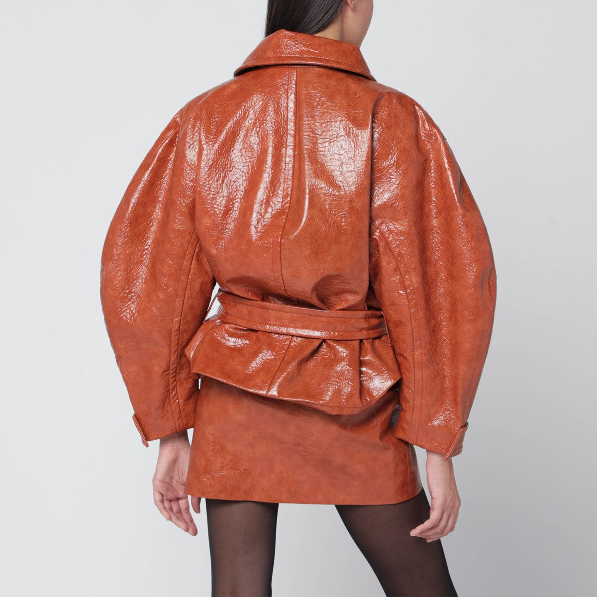THE ANDAMANE Tan leather-effect belted jacket The Andamane