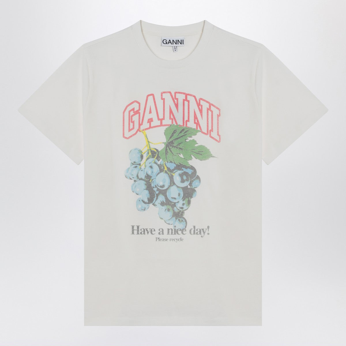 GANNI Ivory T-shirt with grape print Ganni