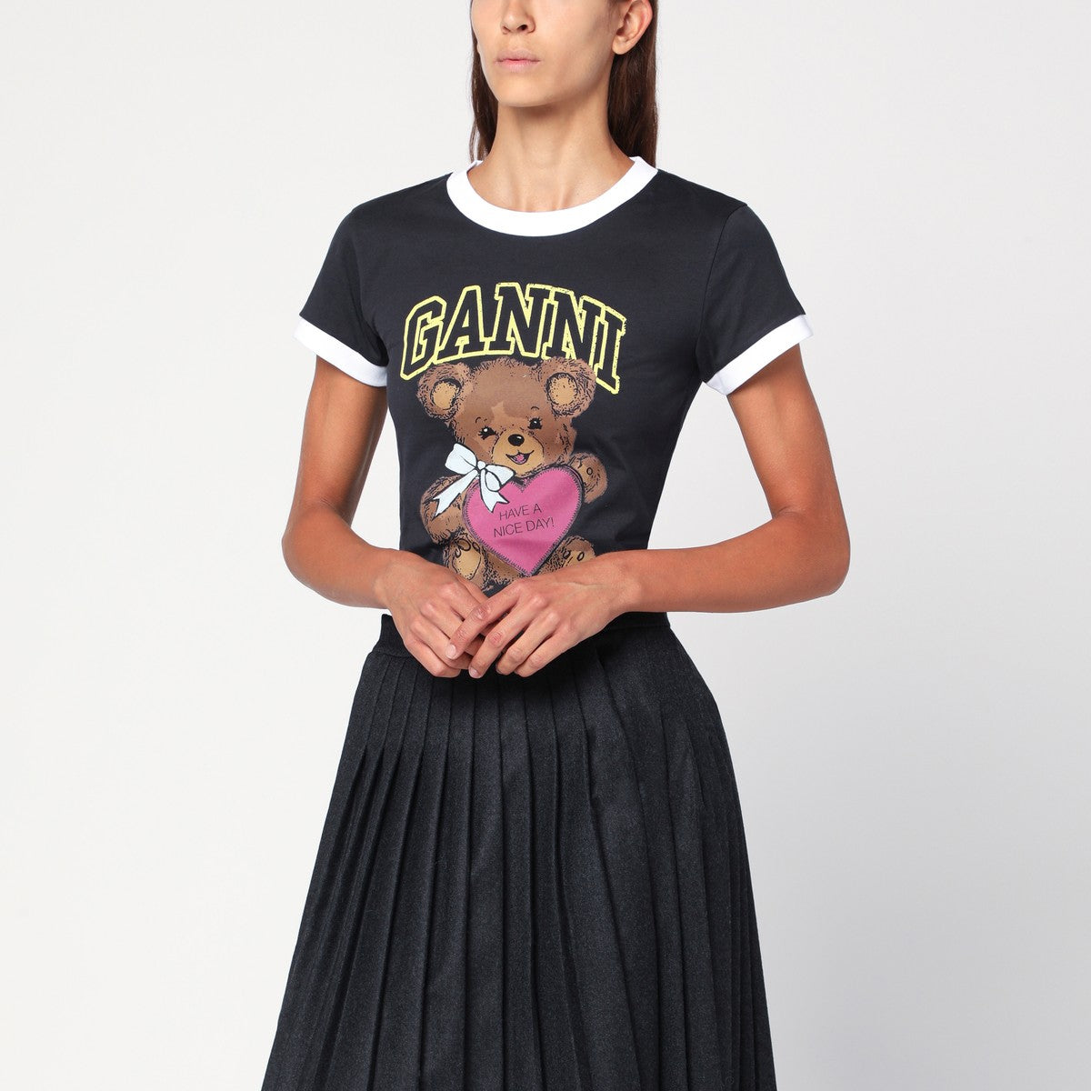 GANNI Dark grey cropped Teddy T-shirt Ganni