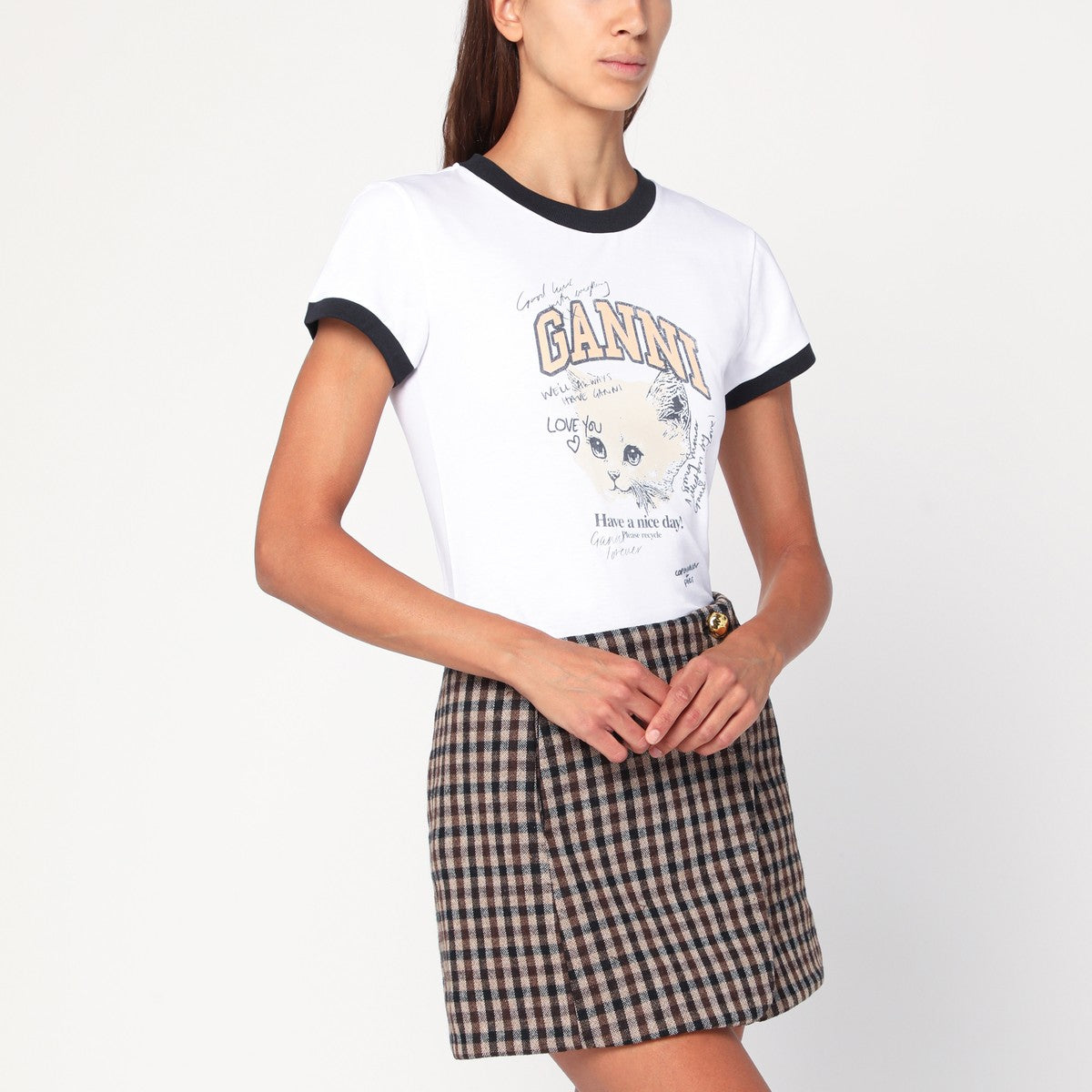 GANNI White cropped Kitty T-shirt Ganni