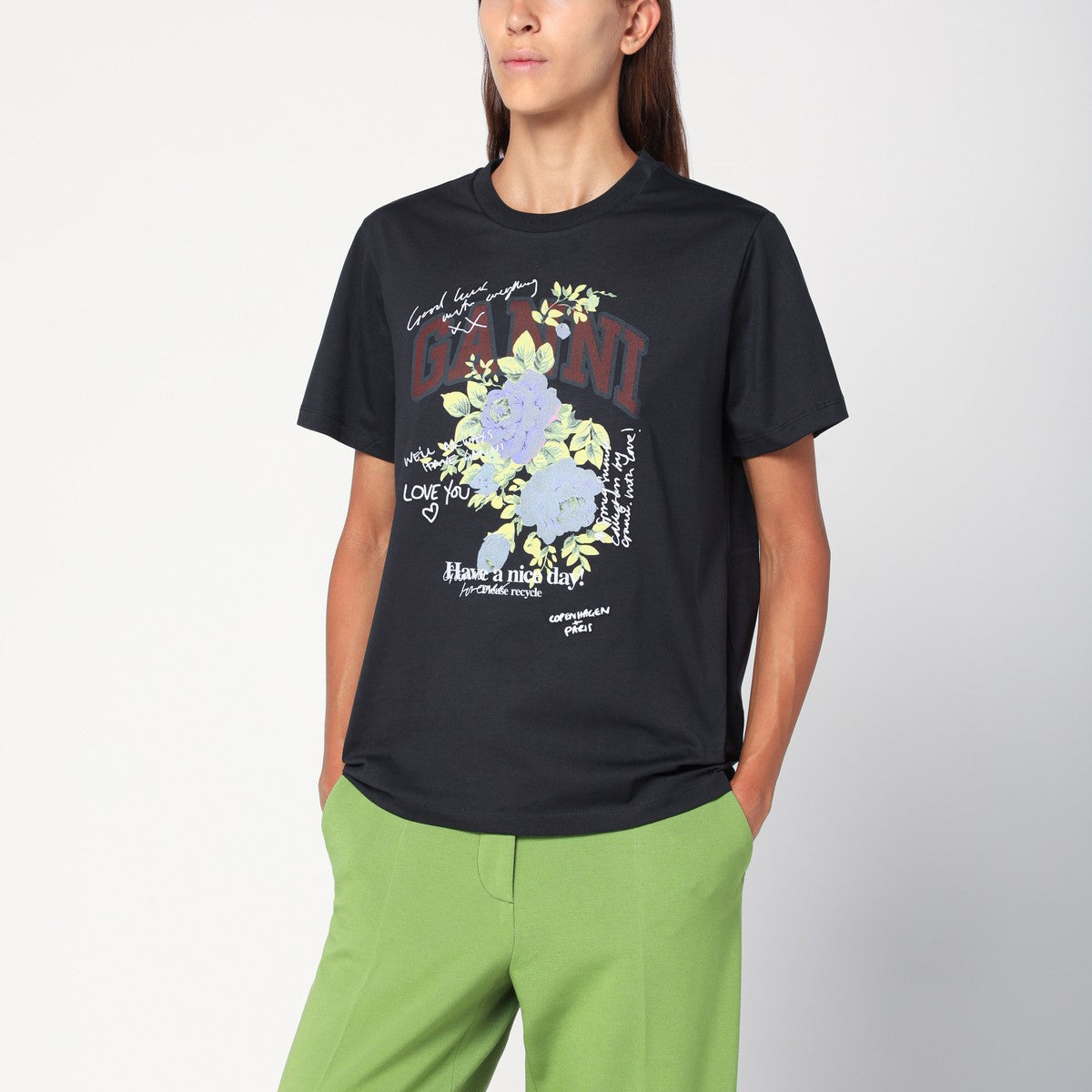 GANNI Dark grey Rose T-shirt Ganni