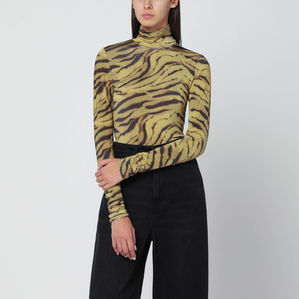 GANNI Khaki zebra-print turtleneck Ganni