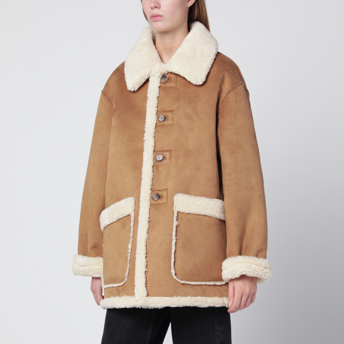 Dunst Beige faux-leather shearling-effect coat Dunst