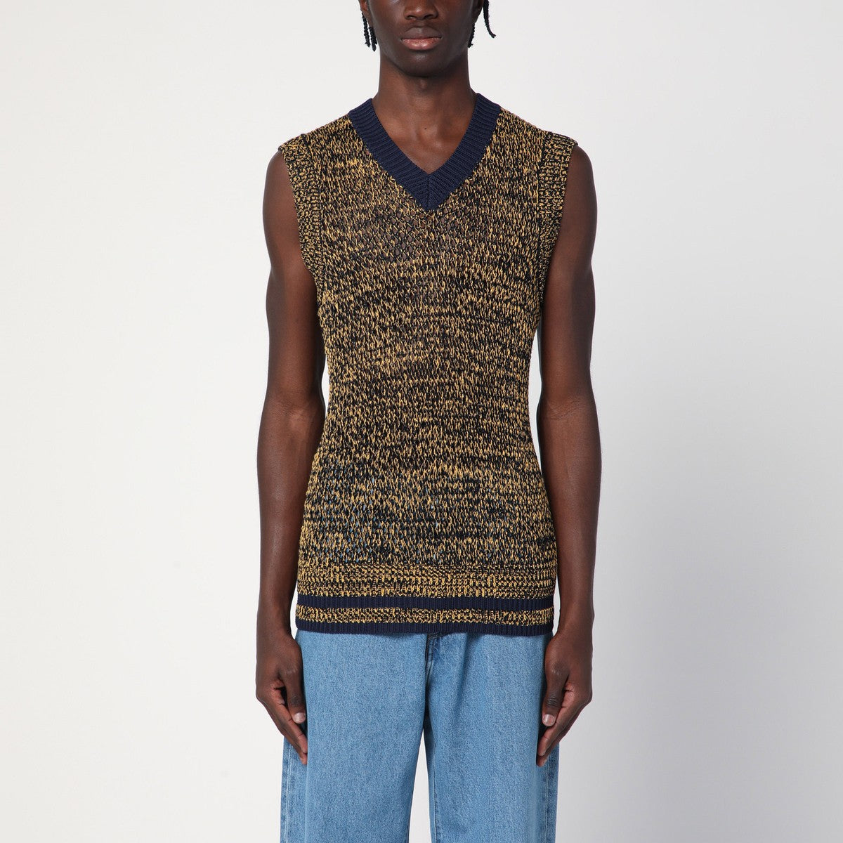 Wales Bonner Navy blue/yellow textured vest in a cotton blend Wales Bonner