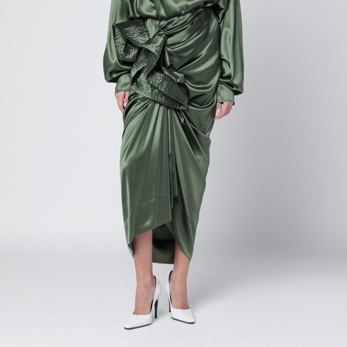 Dries Van Noten Khaki green draped silk shirt dress Dries Van Noten 