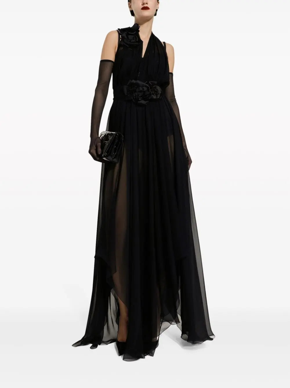 Dolce & Gabbana Long silk chiffon dress with floral appliqué Dolce & Gabbana