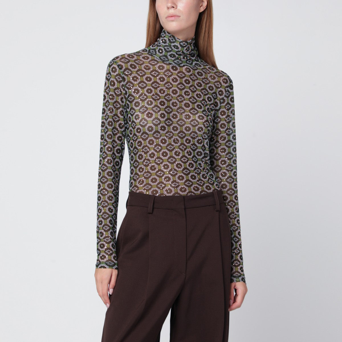 Dries Van Noten Semi-transparent green print turtleneck jumper Dries Van Noten 