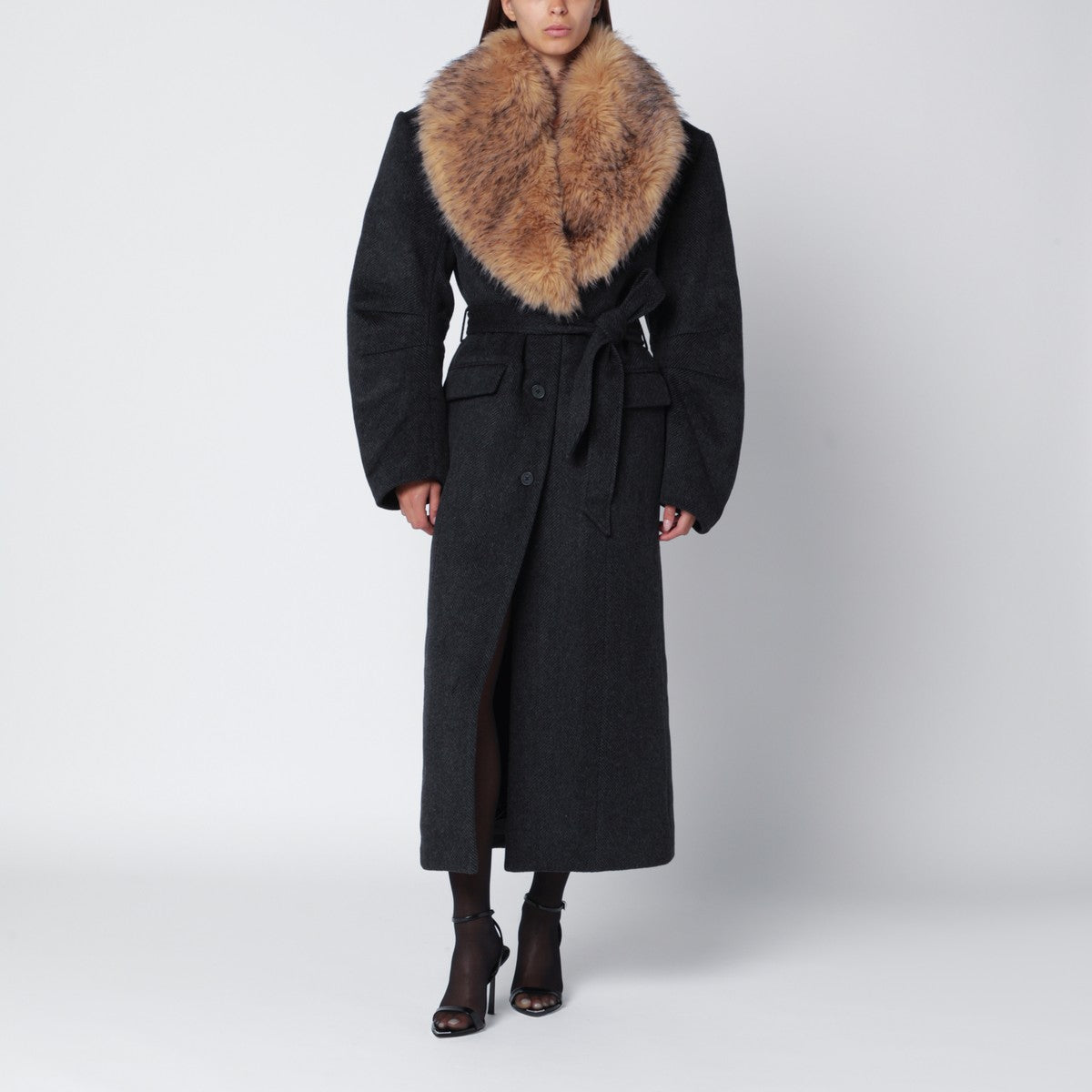ROTATE Birger Christensen Grey coat with faux fur collar ROTATE Birger Christensen 