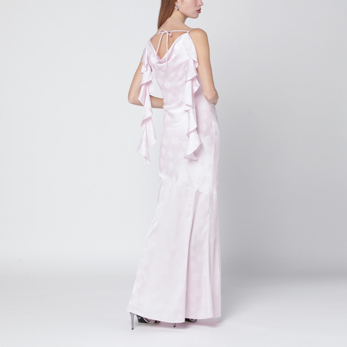 ROTATE Birger Christensen Long pink satin jacquard dress with ruffles ROTATE Birger Christensen 