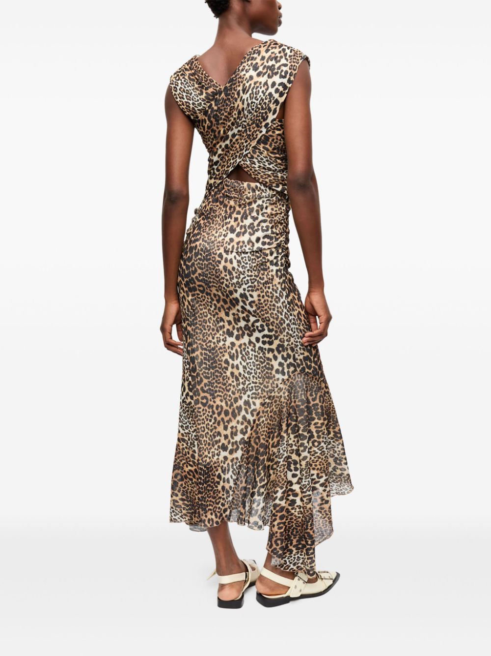 Ganni Leopard Marl Mesh Long Ruched Crossover Dress Ganni 