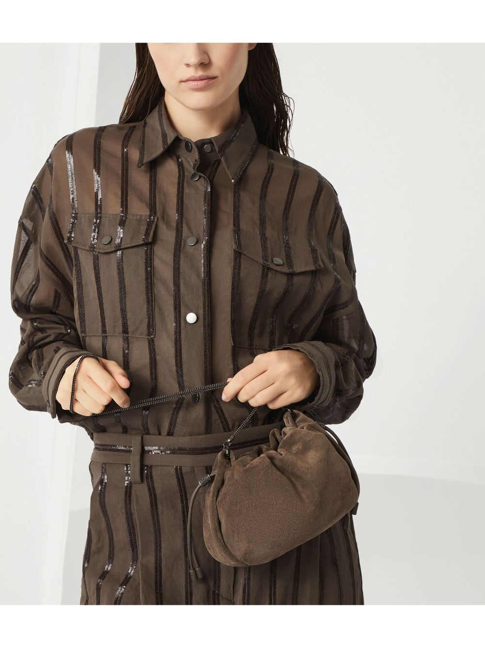 Brunello Cucinelli Mellow mini bucket bag in suede with precious chain Brunello Cucinelli