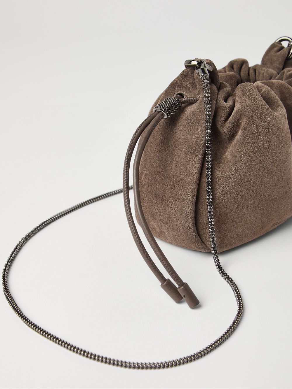Brunello Cucinelli Mellow mini bucket bag in suede with precious chain Brunello Cucinelli