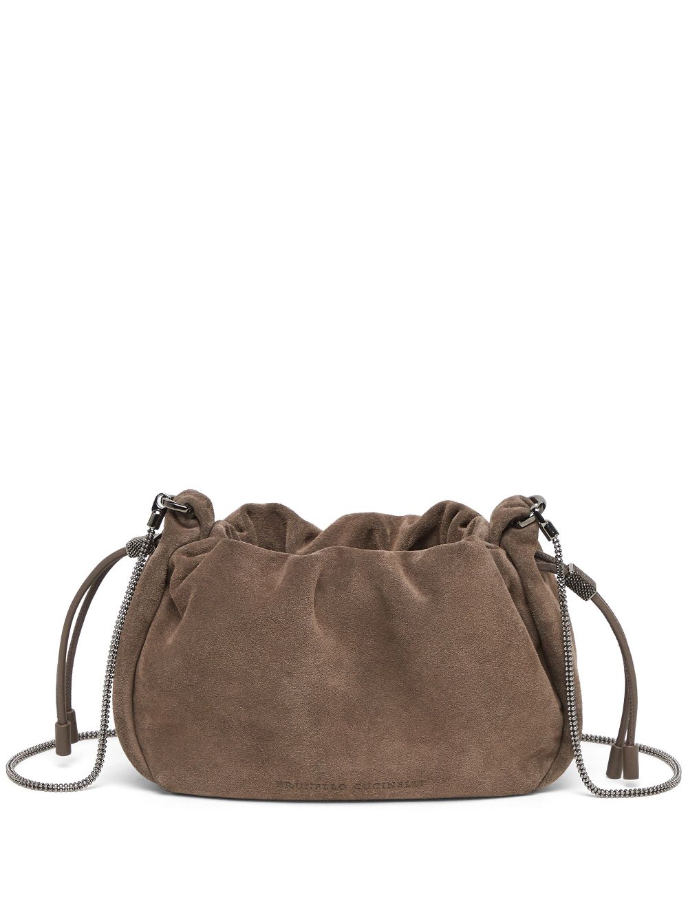 Brunello Cucinelli Mellow mini bucket bag in suede with precious chain Brunello Cucinelli