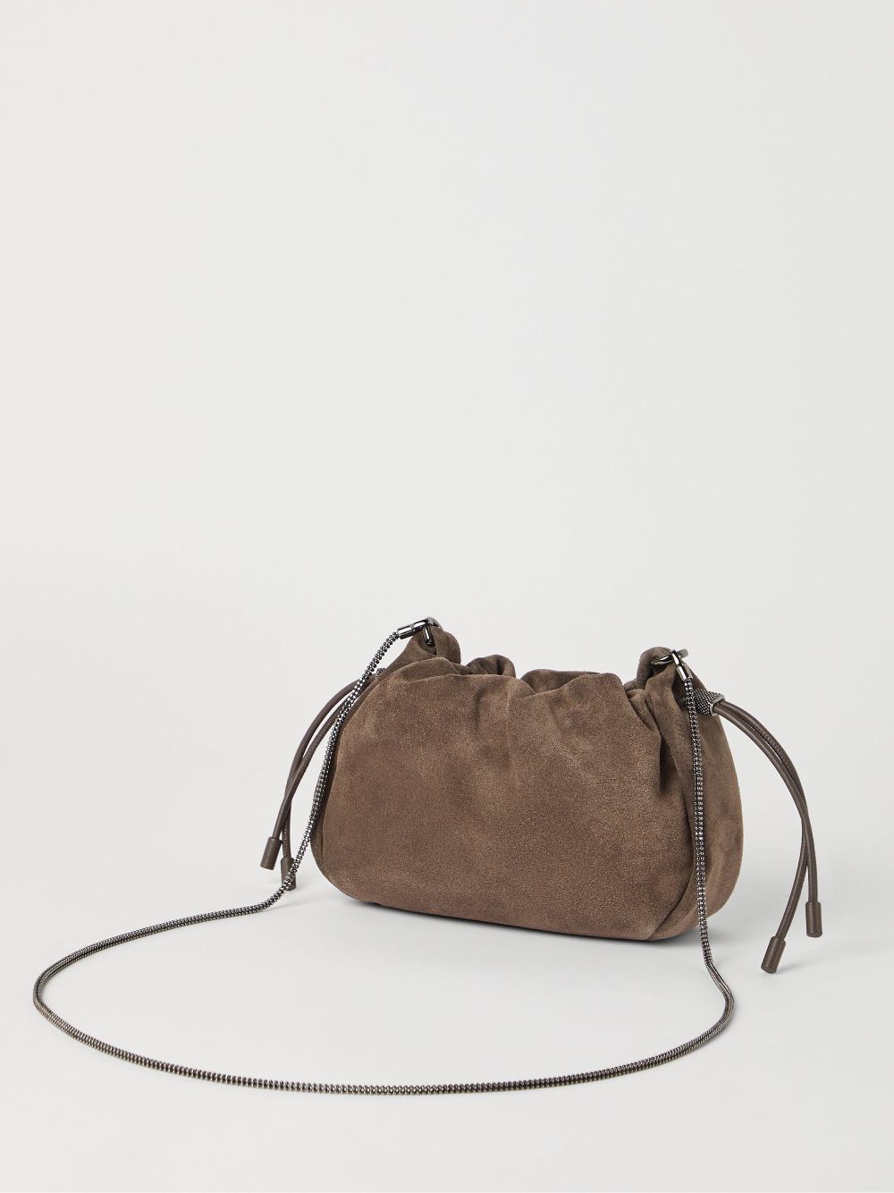 Brunello Cucinelli Mellow mini bucket bag in suede with precious chain Brunello Cucinelli