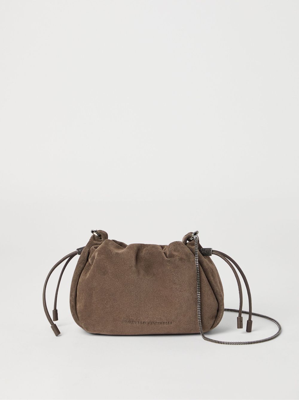 Brunello Cucinelli Mellow mini bucket bag in suede with precious chain Brunello Cucinelli