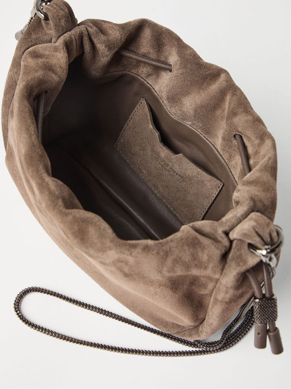 Brunello Cucinelli Mellow mini bucket bag in suede with precious chain Brunello Cucinelli