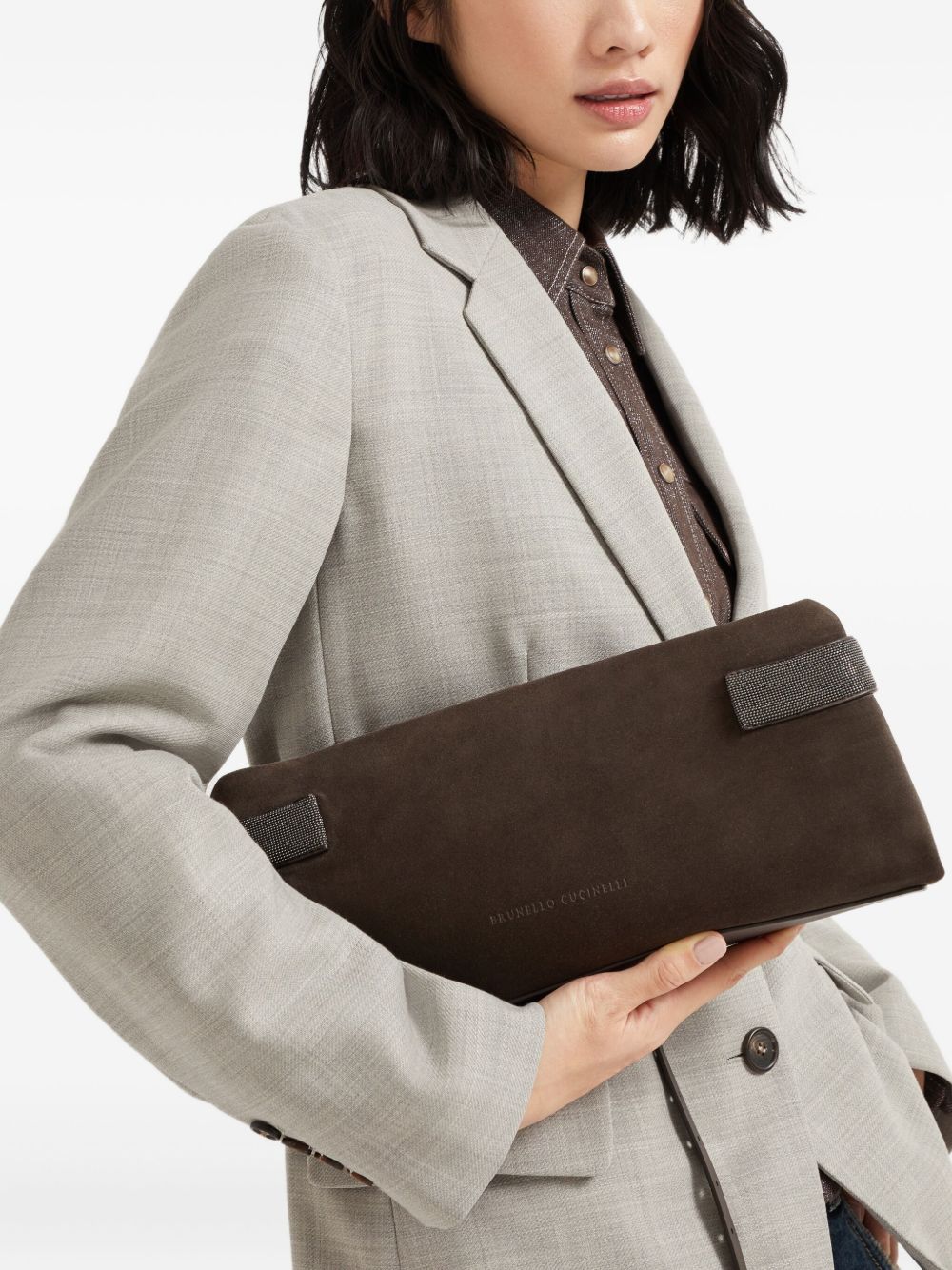 Brunello Cucinelli Essence pouch bag in suede with precious bands Brunello Cucinelli
