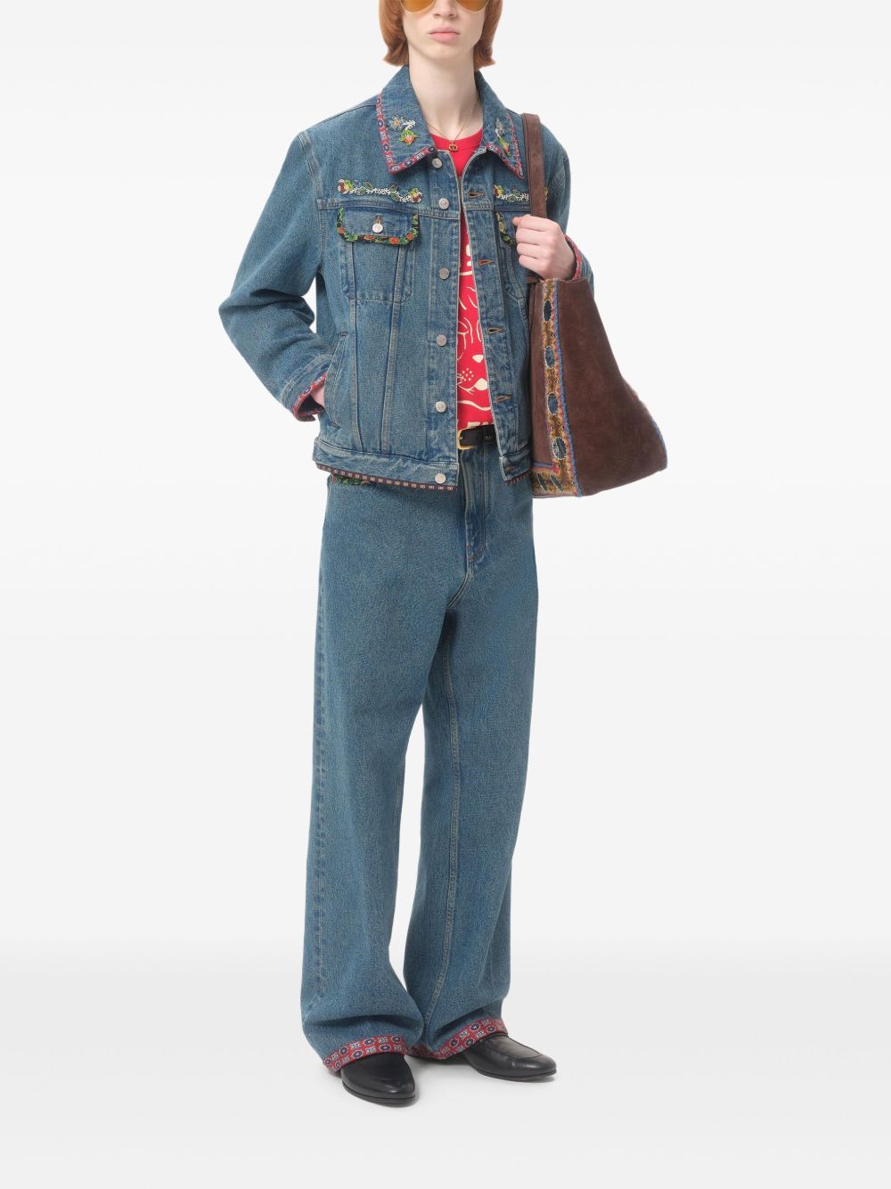 Valentino Bead-Embellished Floral-Trimmed Denim Jacket Valentino