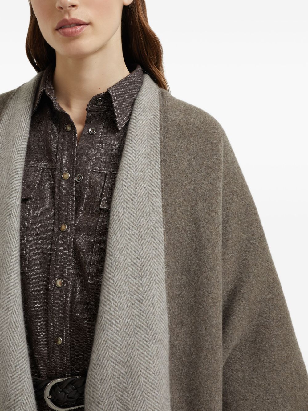 Brunello Cucinelli Herringbone-pattern fringed poncho Brunello Cucinelli