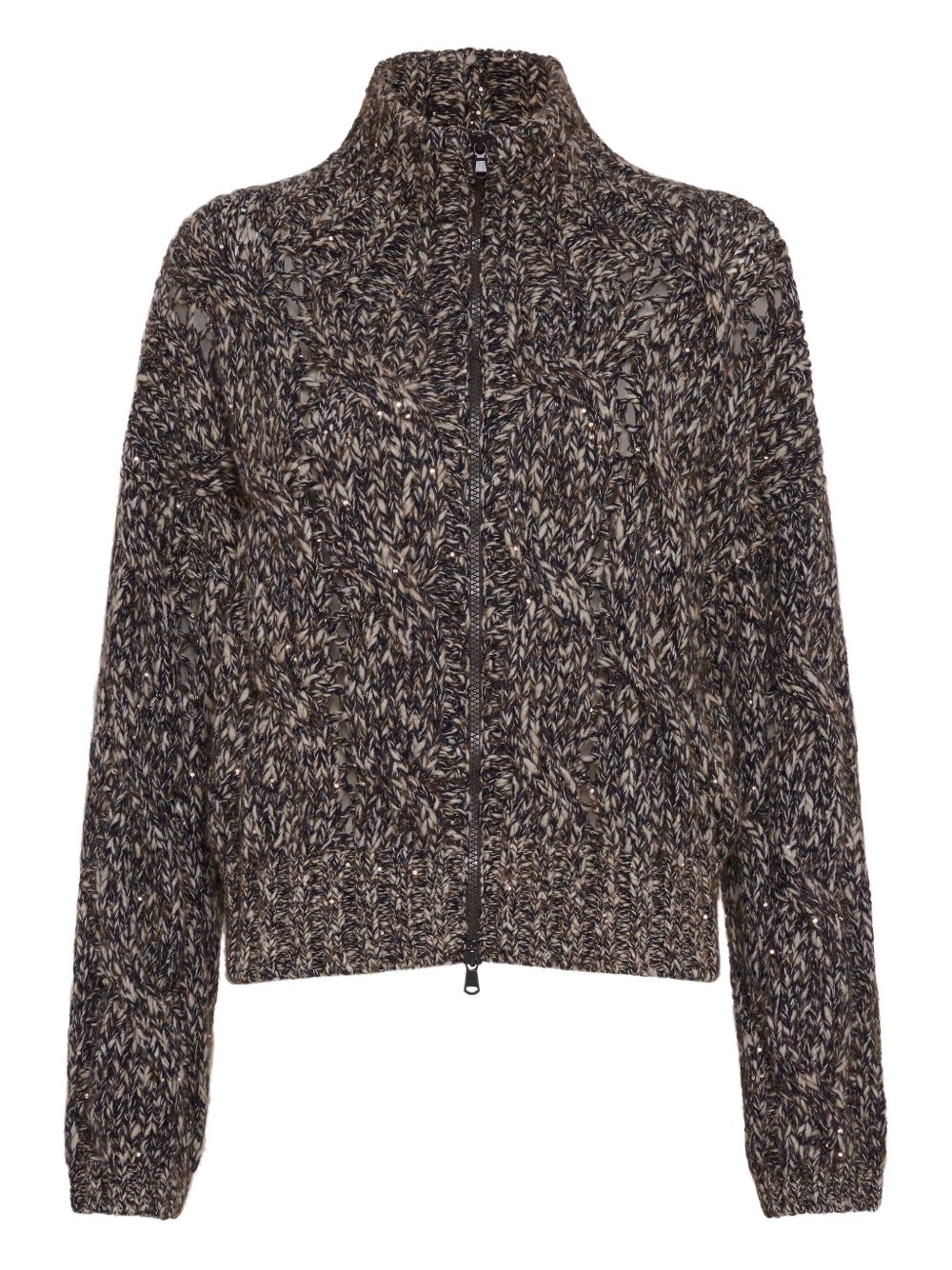 Brunello Cucinelli Dazzling chiné cable knit cardigan in soft wool, cashmere and mohair with zipper Brunello Cucinelli