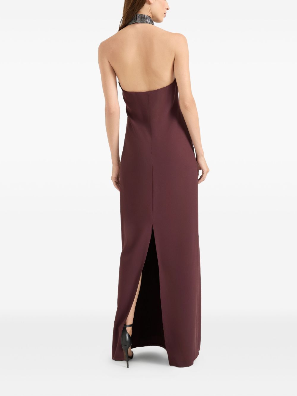 Brunello Cucinelli Halterneck dress in silk crêpe cady and acetate with Precious Beaded Collar Brunello Cucinelli