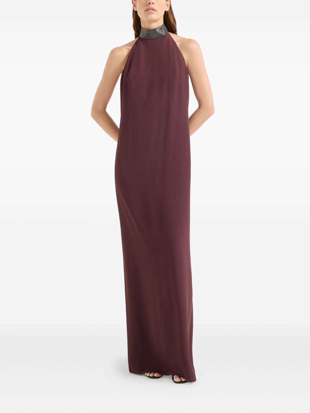 Brunello Cucinelli Halterneck dress in silk crêpe cady and acetate with Precious Beaded Collar Brunello Cucinelli