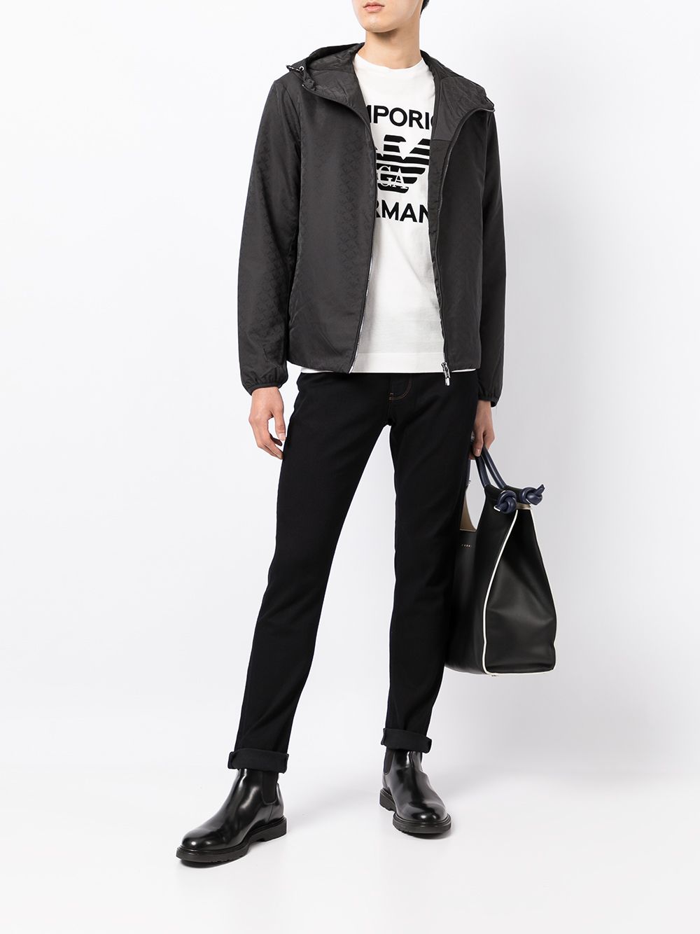 Emporio Armani Hooded jacket with zip in nylon jacquard eagle all over Emporio Armani