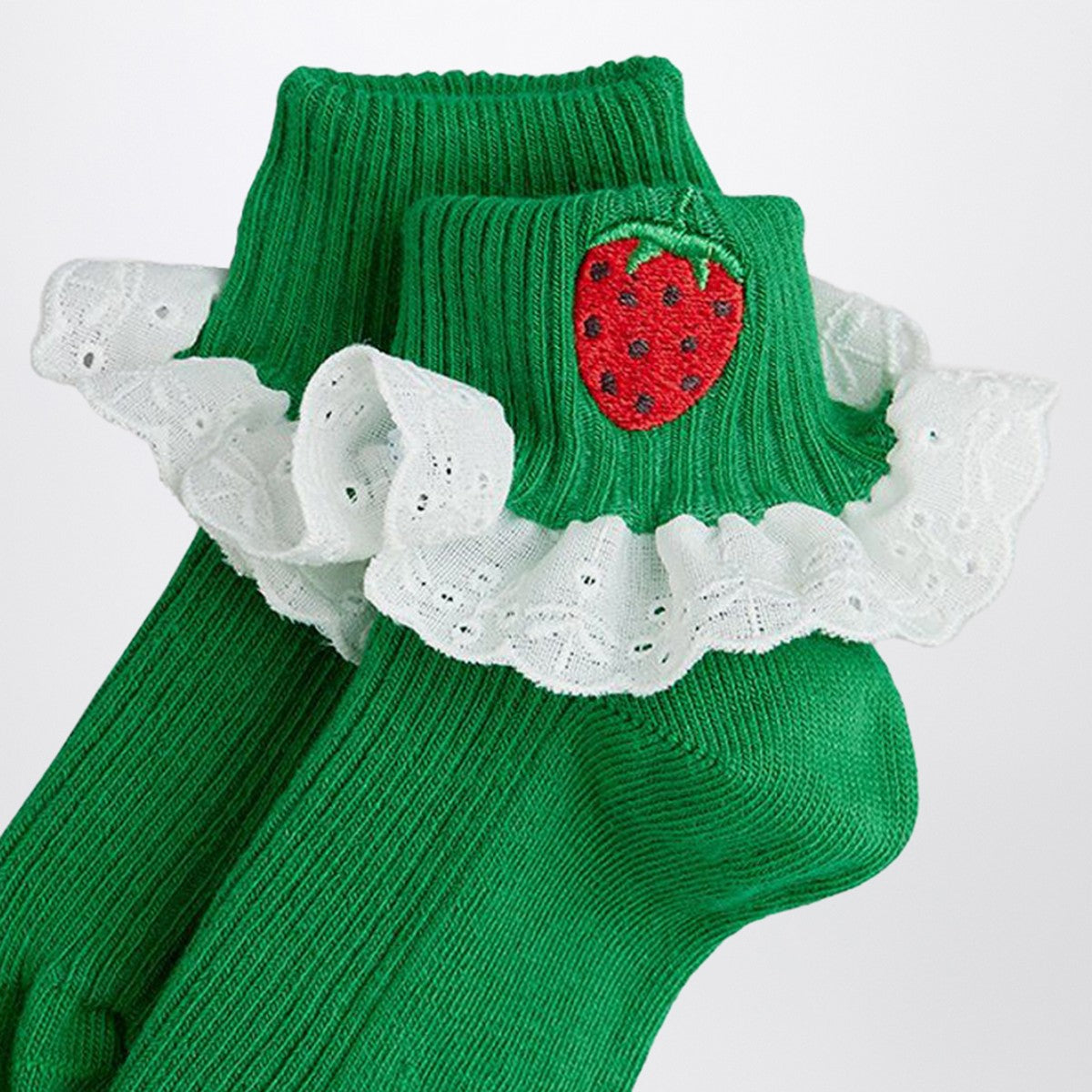 Mini Rodini Green socks with embroidered strawberries and lace Mini Rodini 