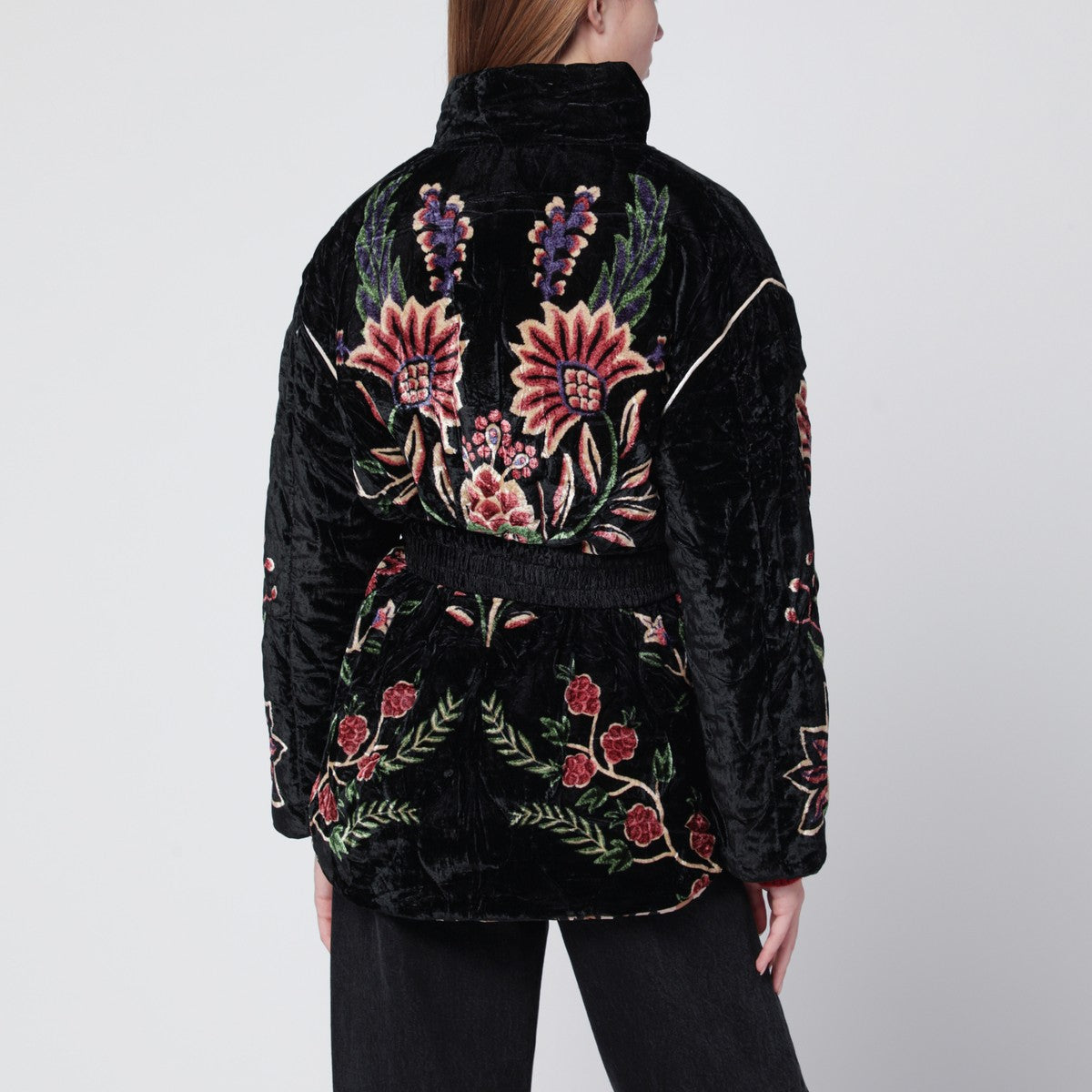 FARM Rio Marvelous Garden quilted velvet down jacket in black FARM Rio 
