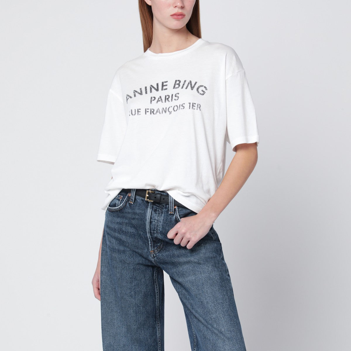 ANINE BING Ivory relaxed T-shirt with logo print ANINE BING 