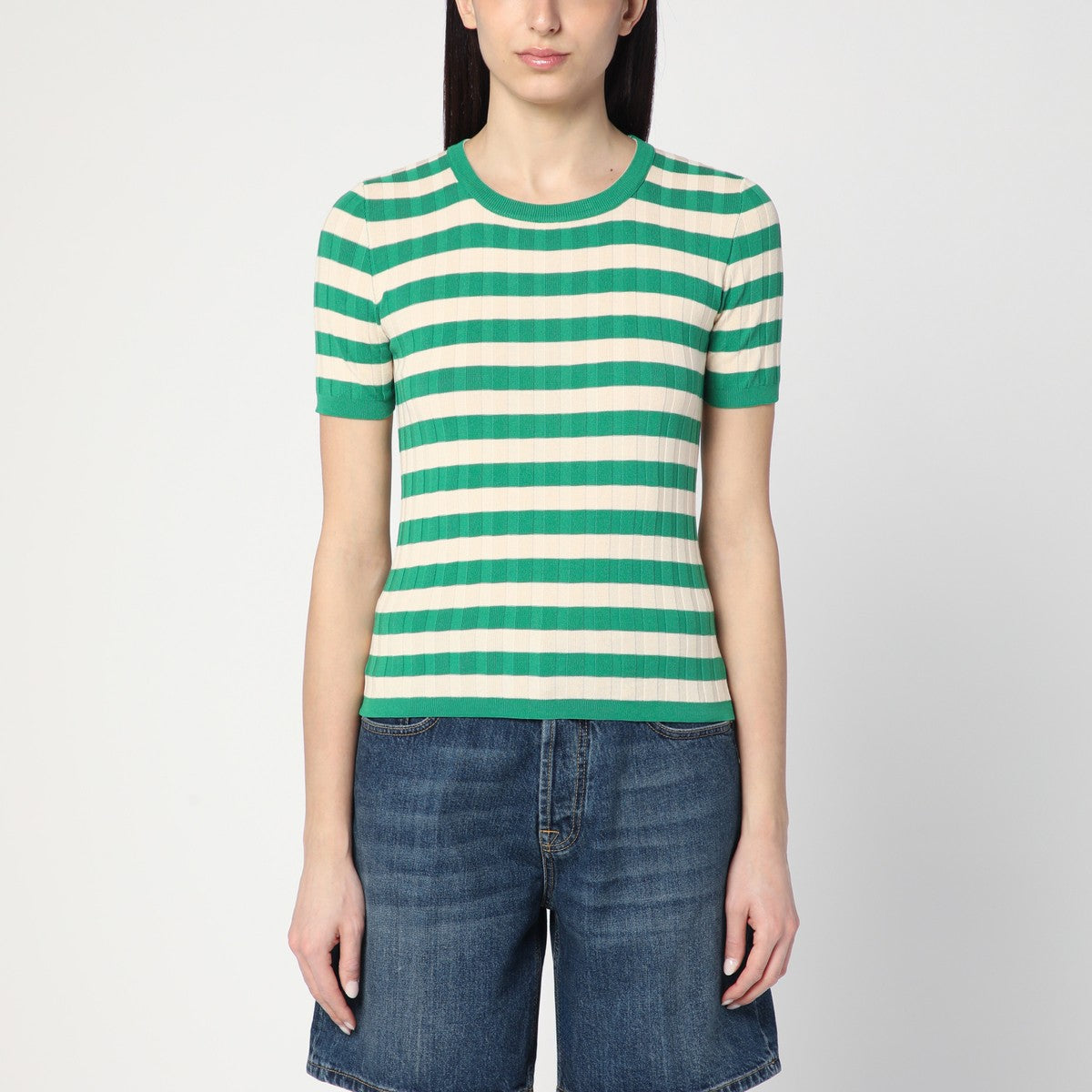 Roberto Collina Green/ivory striped sweater in cotton Roberto Collina 