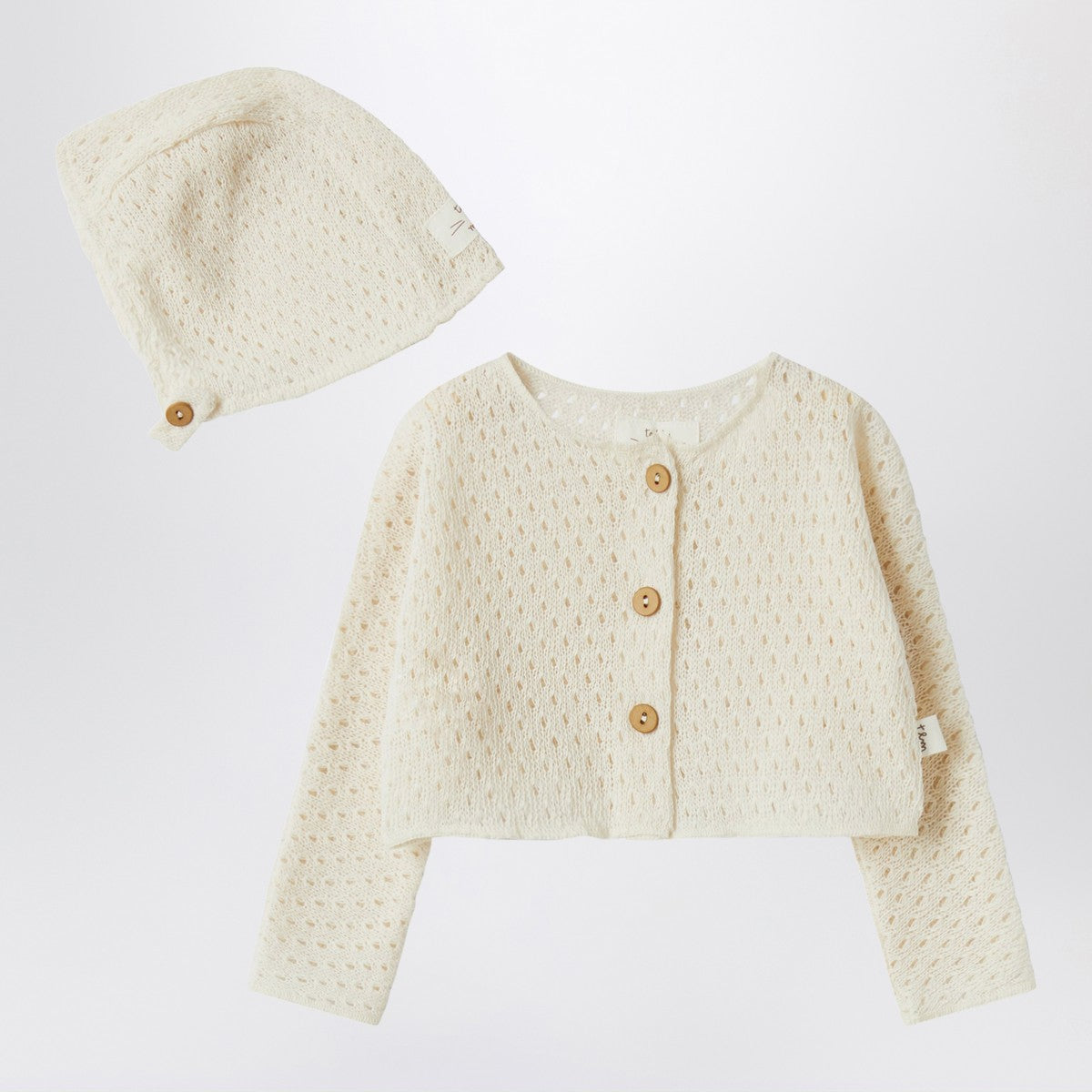 Teddy & Minou Cream-colored cardigan and hat in openwork knit Teddy & Minou 