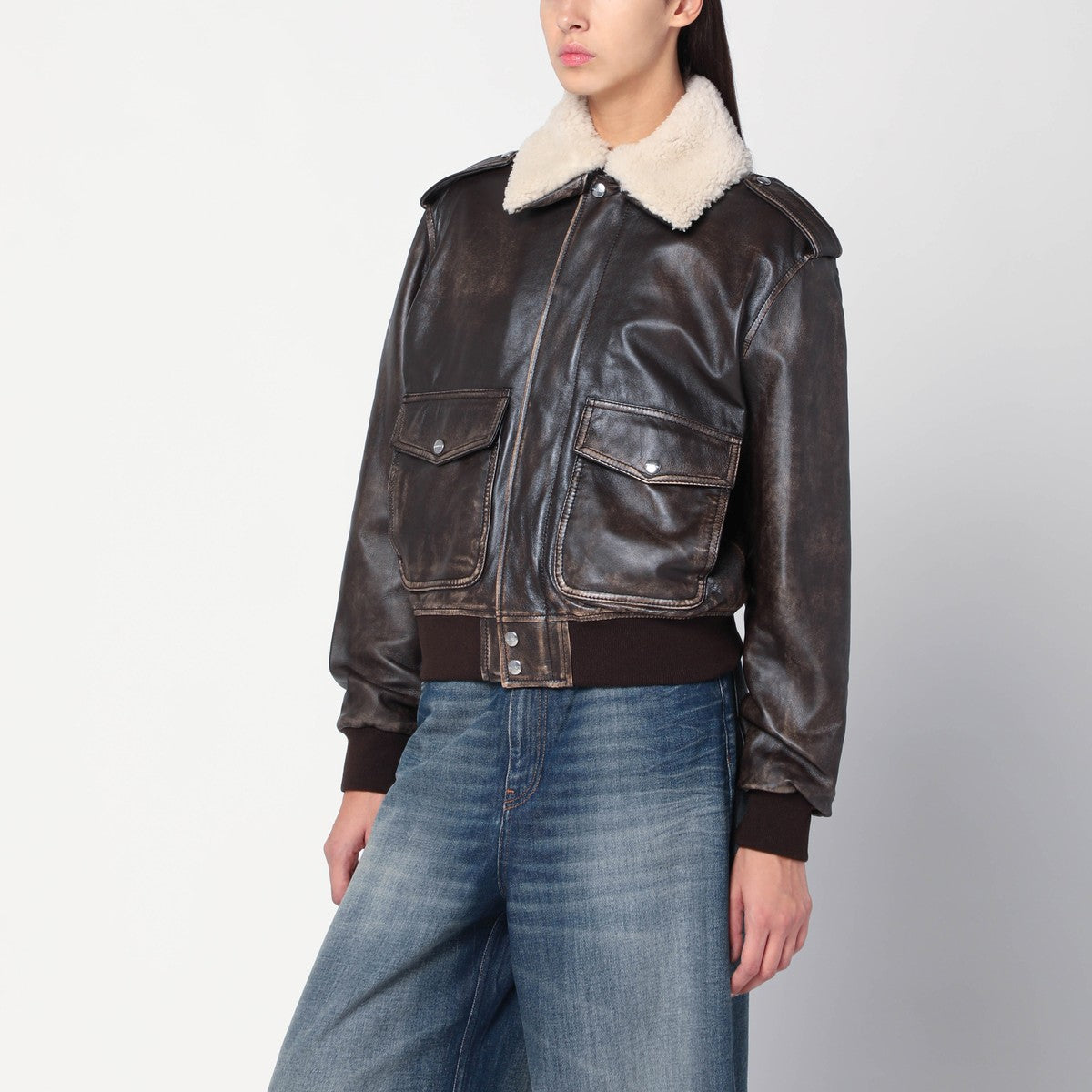 HALFBOY Brown leather bomber jacket with shearling collar HALFBOY 