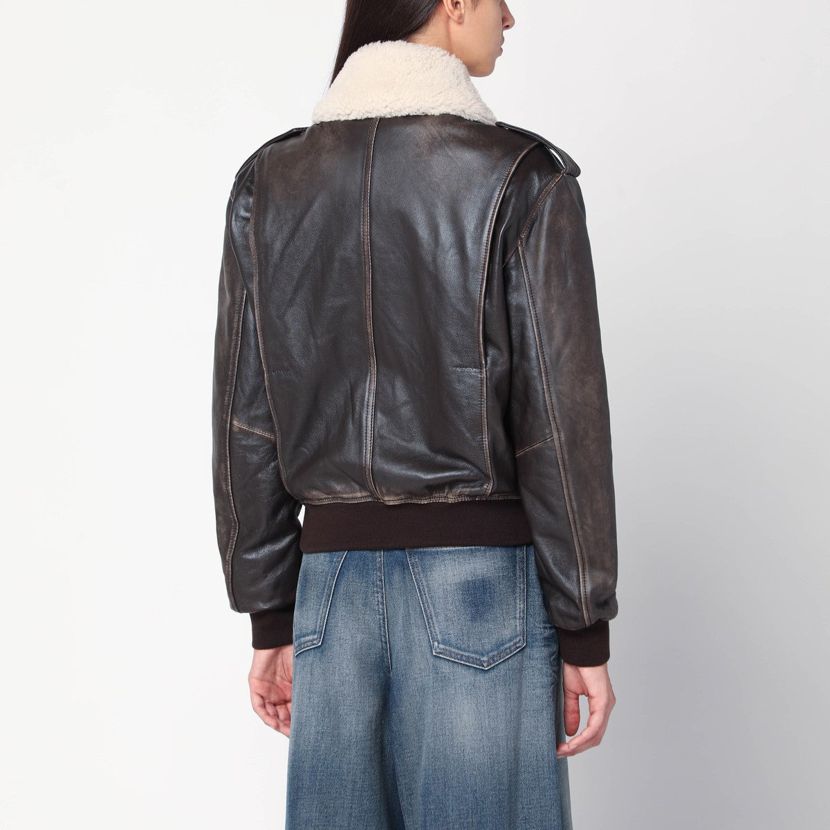 HALFBOY Brown leather bomber jacket with shearling collar HALFBOY 
