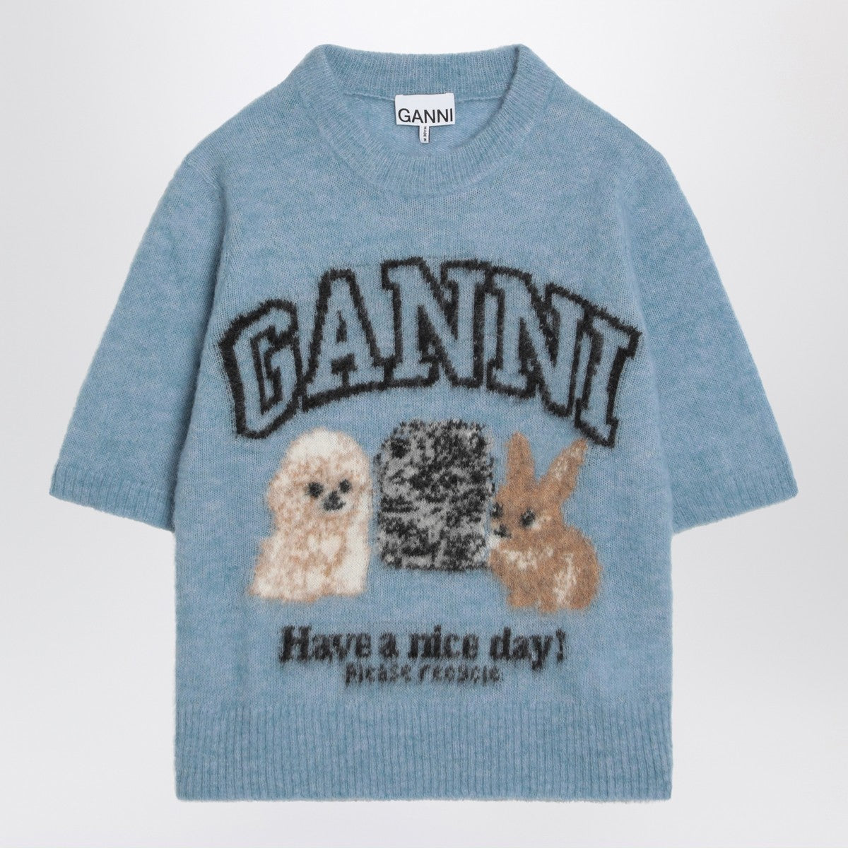 GANNI Light blue sweater with alpaca blend logo Ganni 