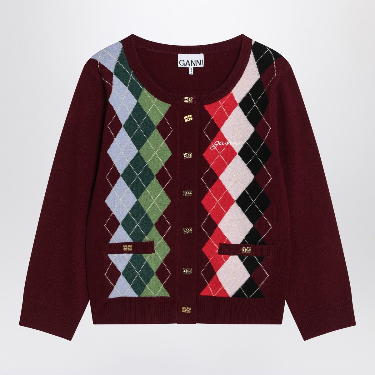 GANNI Burgundy checked cardigan in cashmere blend Ganni 