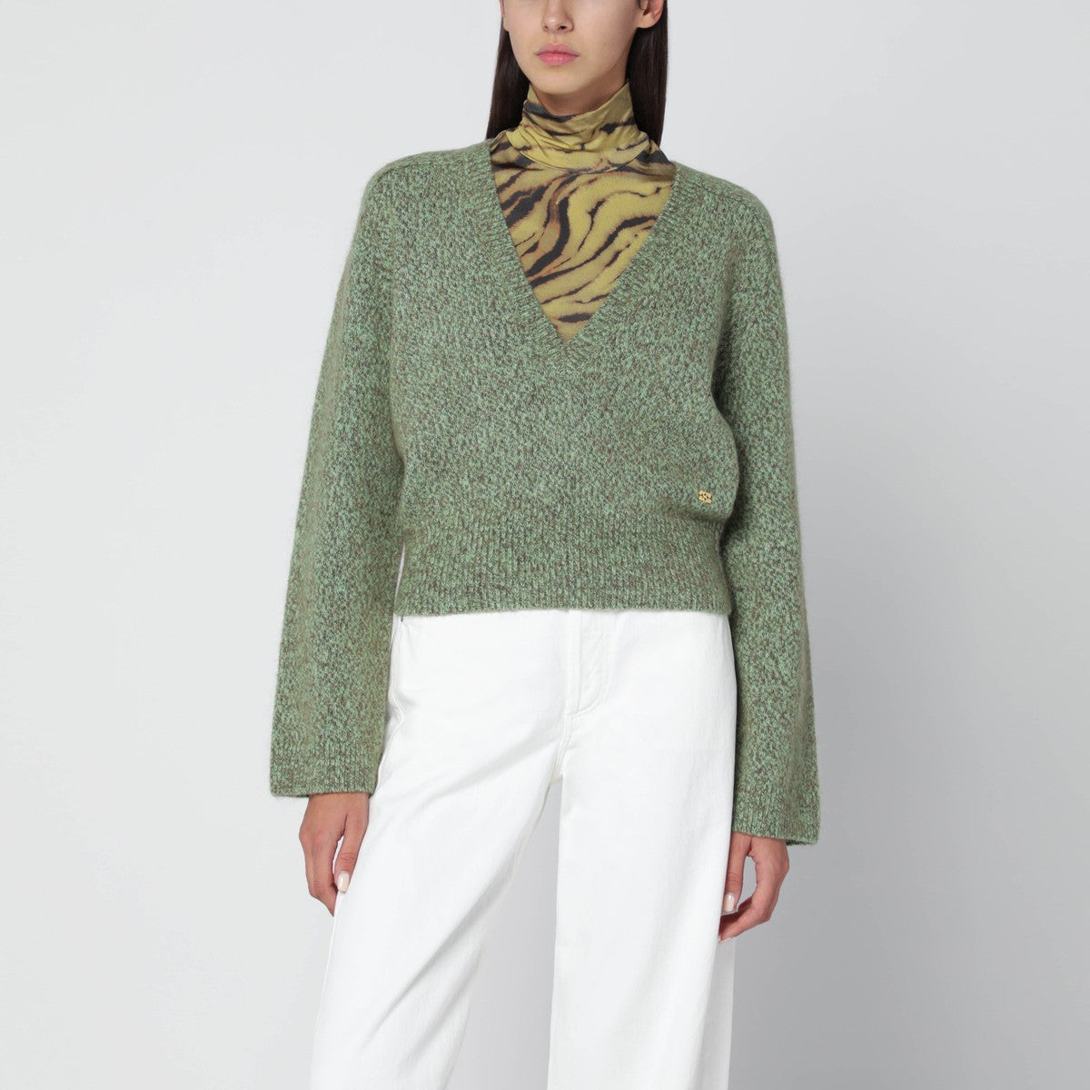 GANNI Green wool-blend textured sweater Ganni 