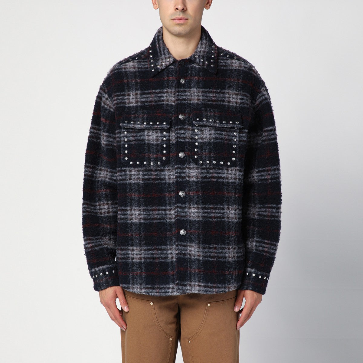 Palm Angels Over shirt in navy check wool with studs Palm Angels 