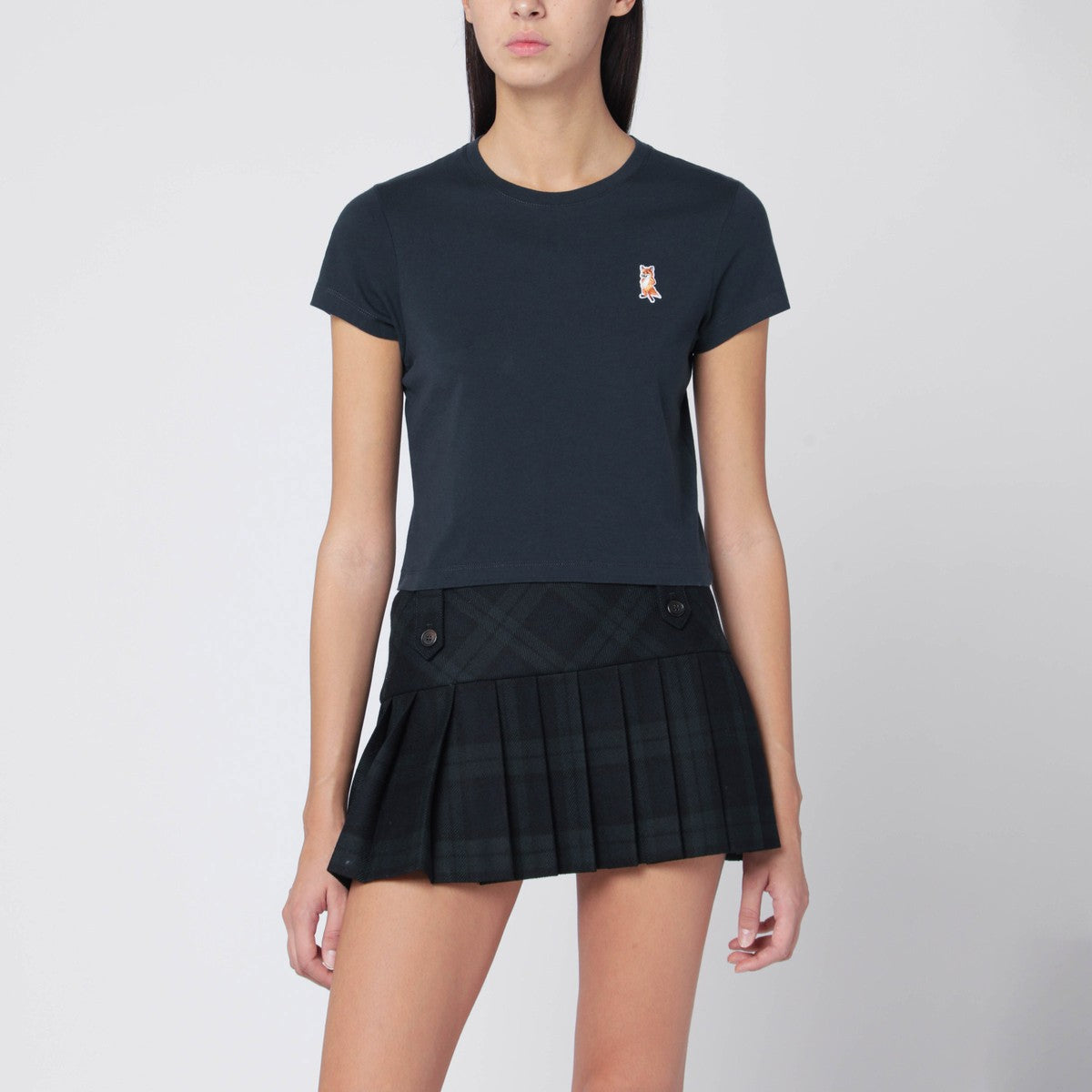 Maison Kitsuné Navy cropped T-shirt with logo patch Maison Kitsuné 