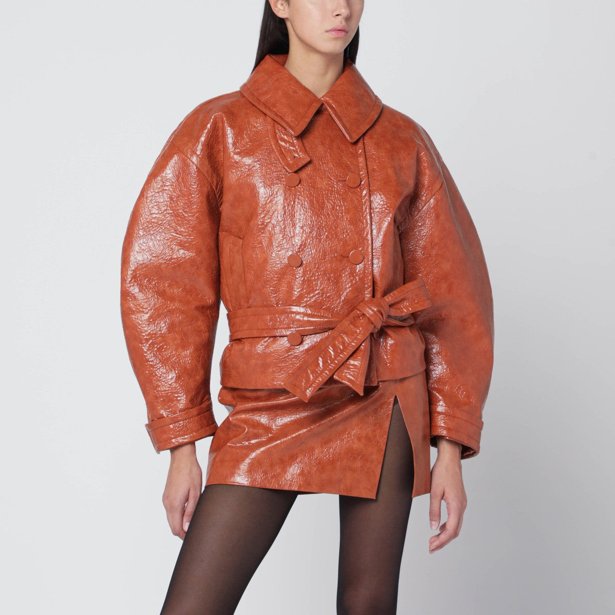 THE ANDAMANE Tan leather-effect belted jacket The Andamane 