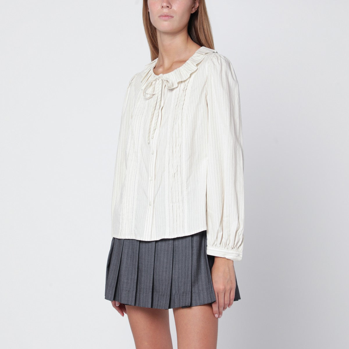 Dunst Light beige striped shirt with ruffles Dunst 
