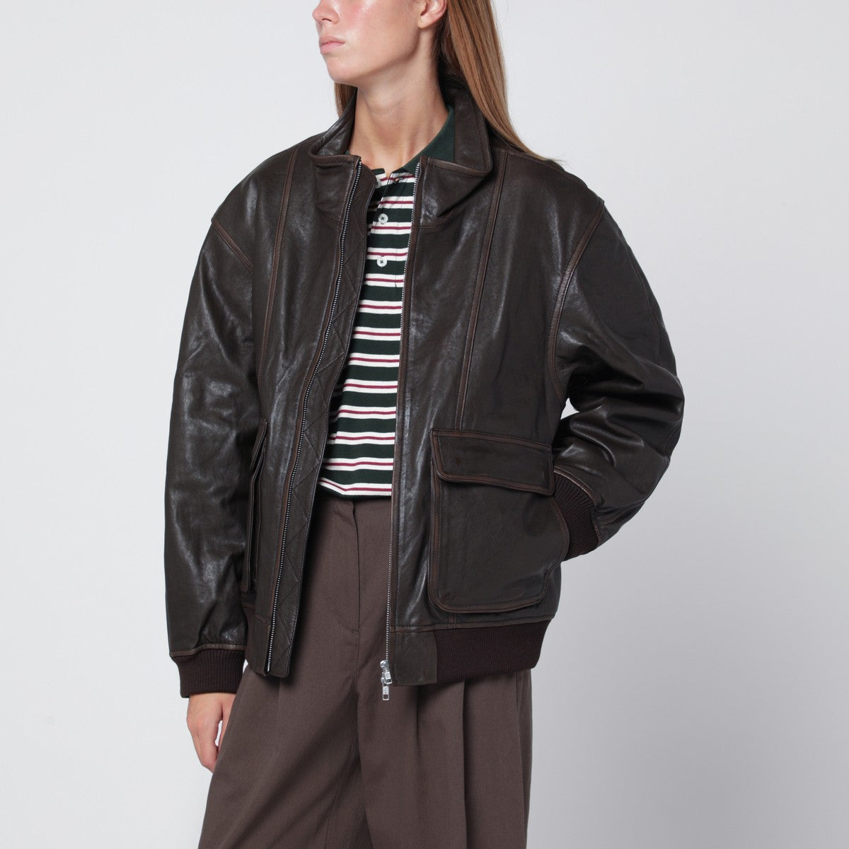 Dunst Dark brown leather zip-up bomber jacket Dunst 
