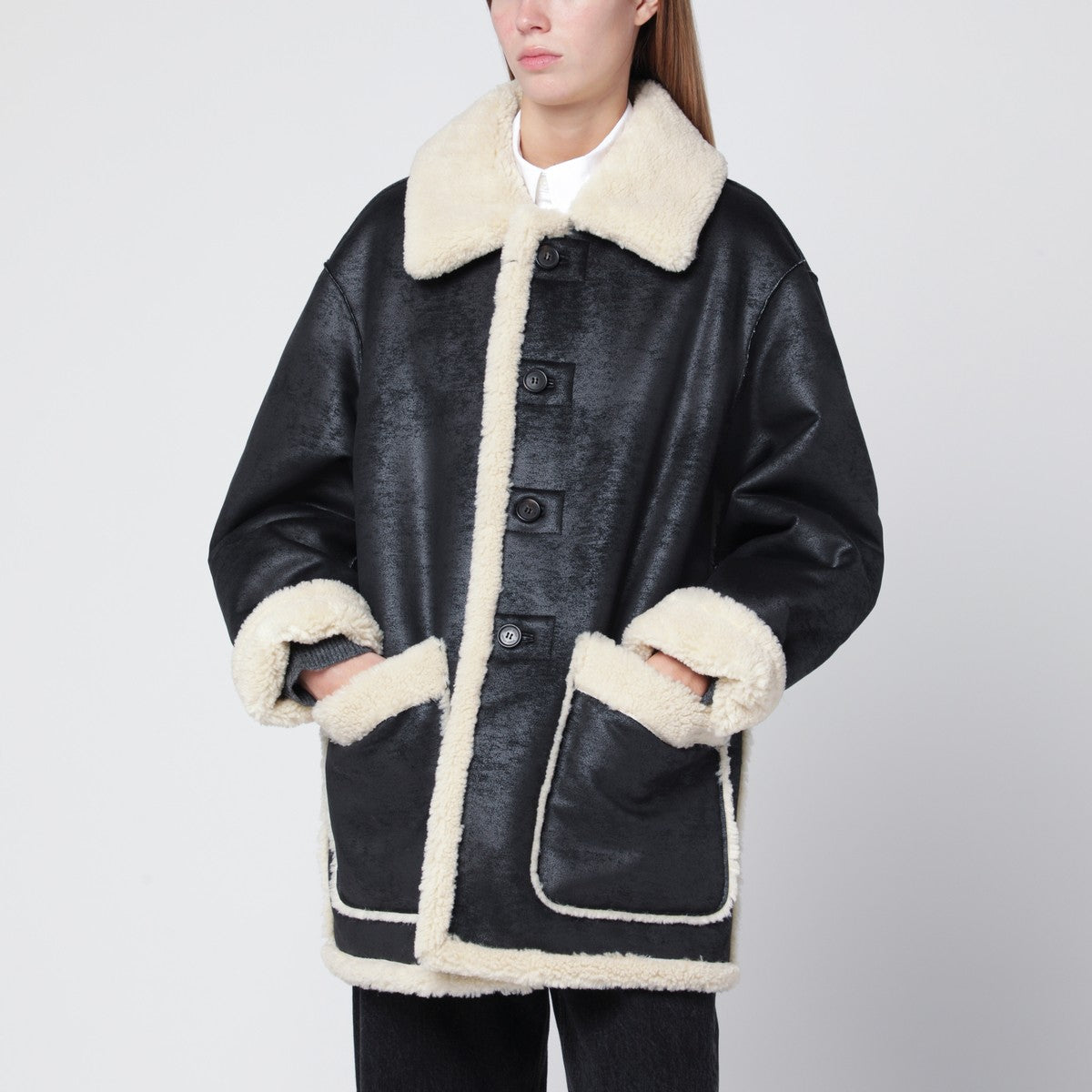 Dunst Black faux-leather shearling-effect coat Dunst 