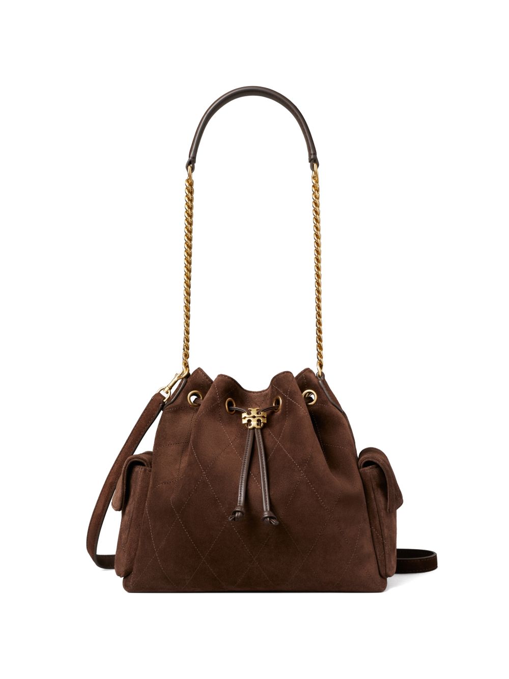 TORY BURCH · CHARLIE DRAWSTRING LEATHER BUCKET BAG